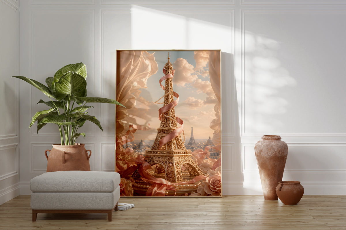 Motiv mit goldenem Eiffelturm, umwickelt mit rosafarbenem Satin, zwischen Rosen und Wolken, als gerahmtes Poster neben Sessel und Zimmerpflanze.