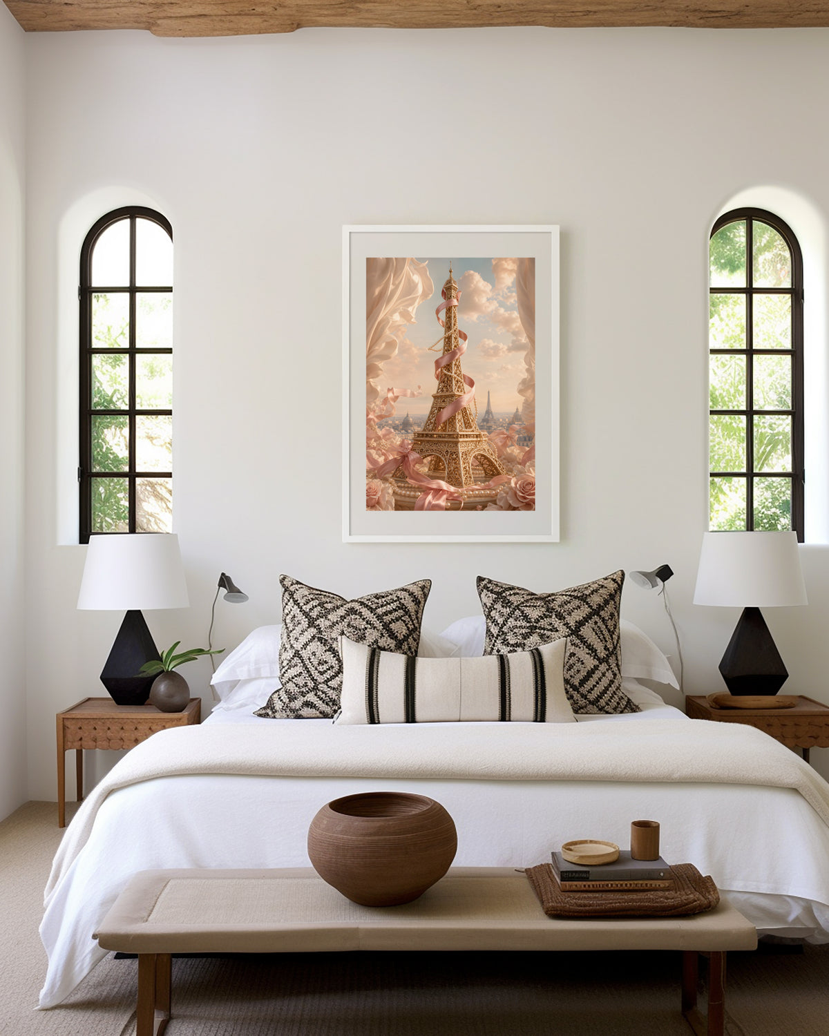 Motiv mit goldenem Eiffelturm, umwickelt mit rosafarbenem Satin, zwischen Rosen und Wolken, über einem Bett im hellen Schlafzimmer.