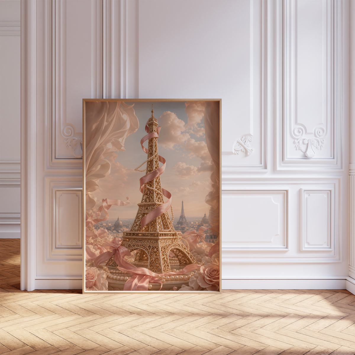 Gerahmtes Poster mit goldenem Eiffelturm, umwickelt mit rosafarbenem Satin, zwischen Rosen und Wolken, als einzelne Wanddekoration in einer Wohnraumansicht.