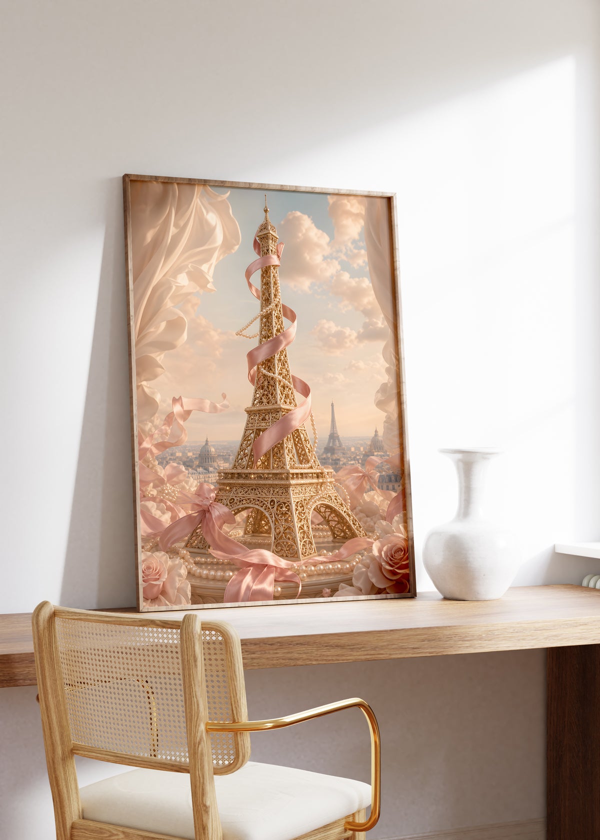 Gerahmtes Poster mit goldenem Eiffelturm, umwickelt mit rosafarbenem Satin, zwischen Rosen und Wolken, als einzelne Wanddekoration in einer Wohnraumansicht.