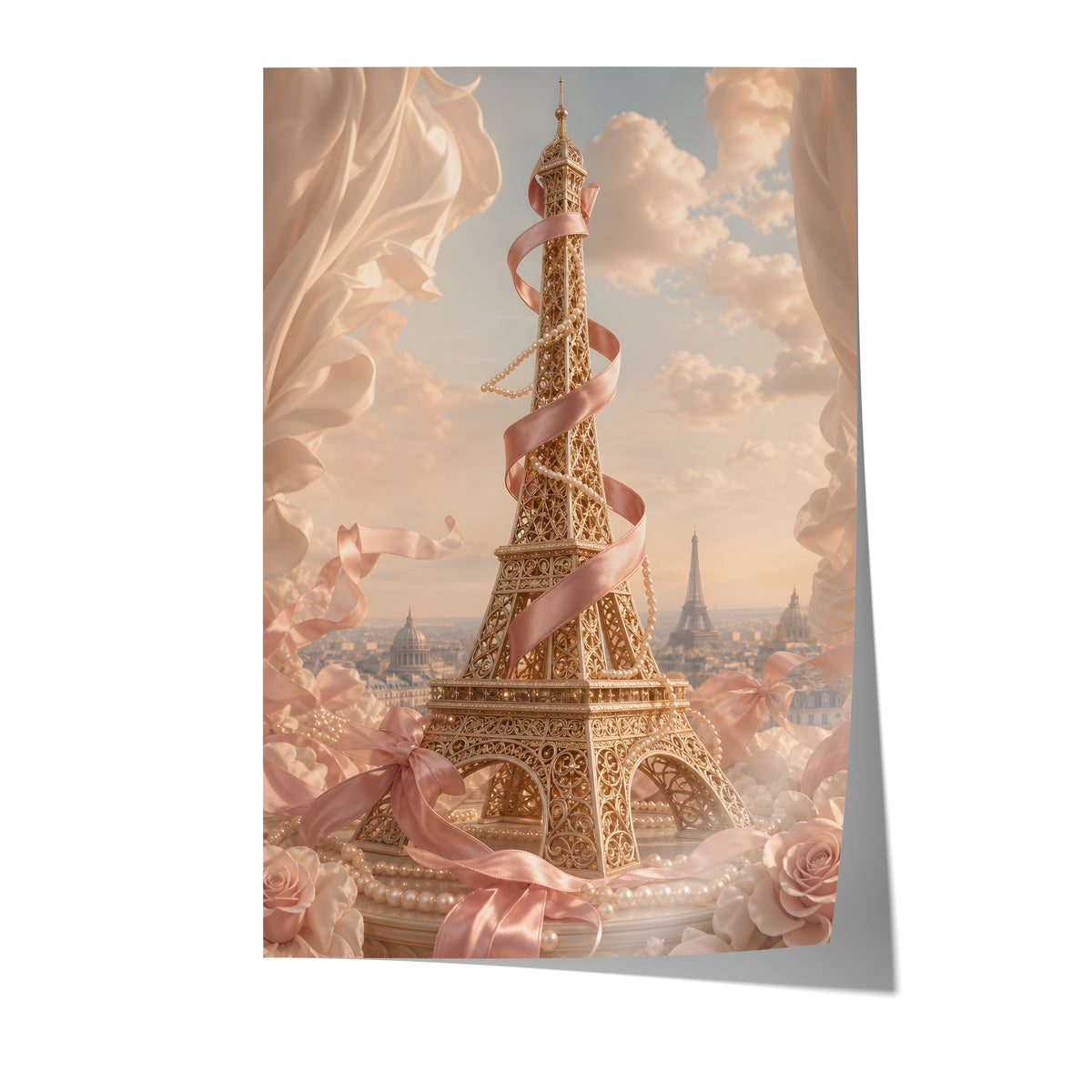 Poster mit goldenem Eiffelturm, umwickelt mit rosafarbenem Satin, zwischen Rosen und Wolken auf weißem Hintergrund.