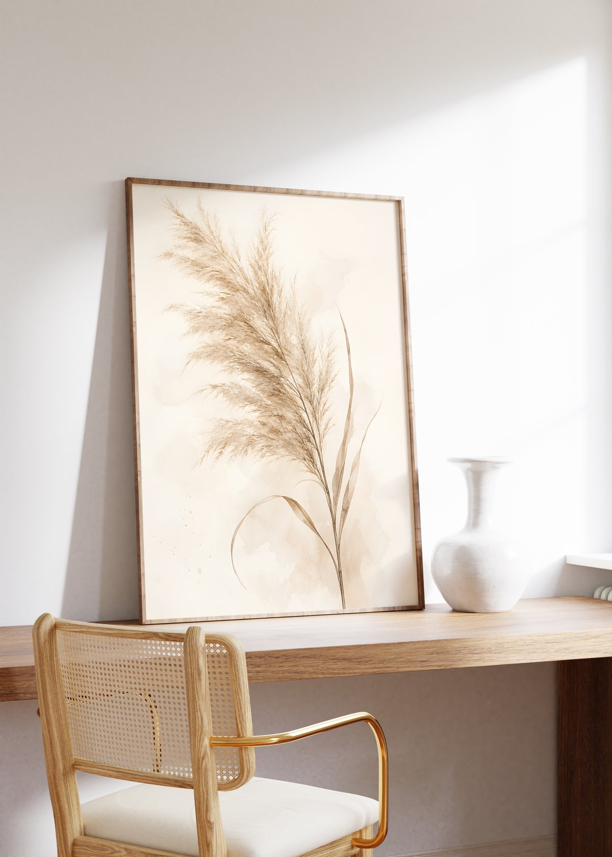Gerahmtes Poster mit einem einzelnen beigefarbenen Pampaswedel als zarte Aquarellillustration, auf einem Holztisch neben einer weißen Vase.