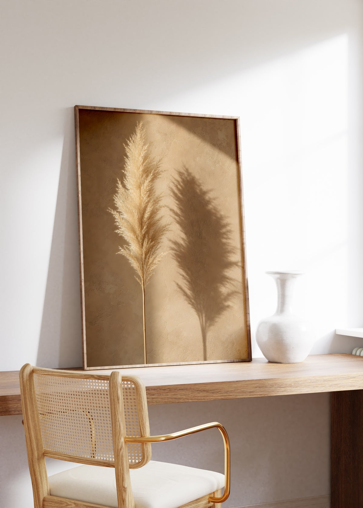Gerahmtes Poster mit einem goldbeigen Pampaswedel und seinem Schatten auf einer warmbraunen Wand, auf einem Holztisch neben einer weißen Vase.