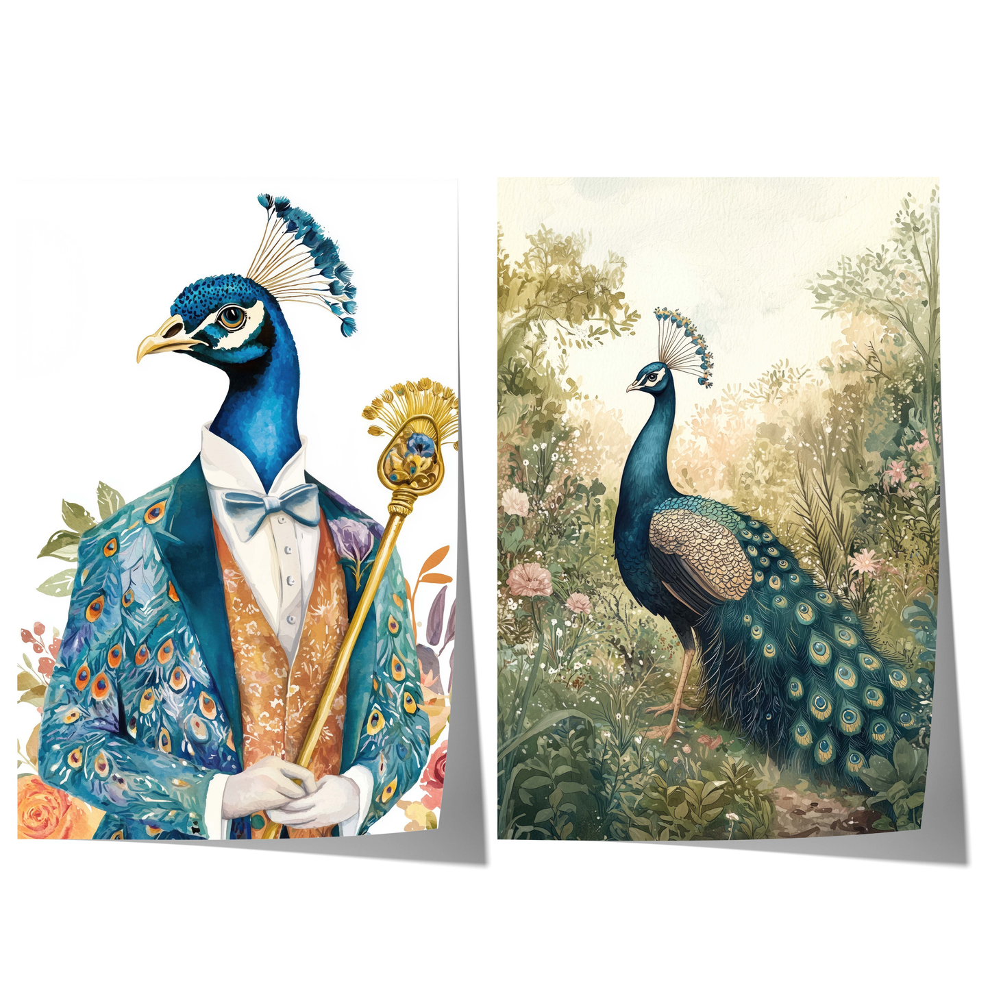 elegant watercolor peacock poster set with vintage bird illustration style