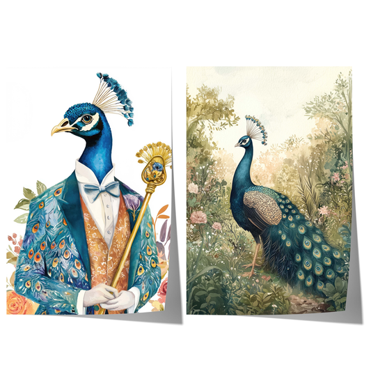 elegant watercolor peacock poster set with vintage bird illustration style
