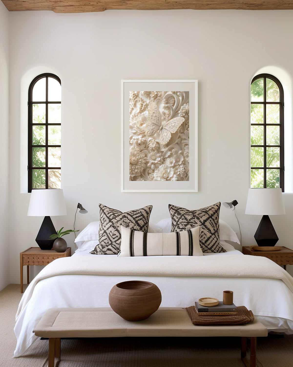 Motiv mit filigranem Schmetterling zwischen cremefarbenen Blüten und geschwungenen Reliefornamenten, über einem Bett im hellen Schlafzimmer.
