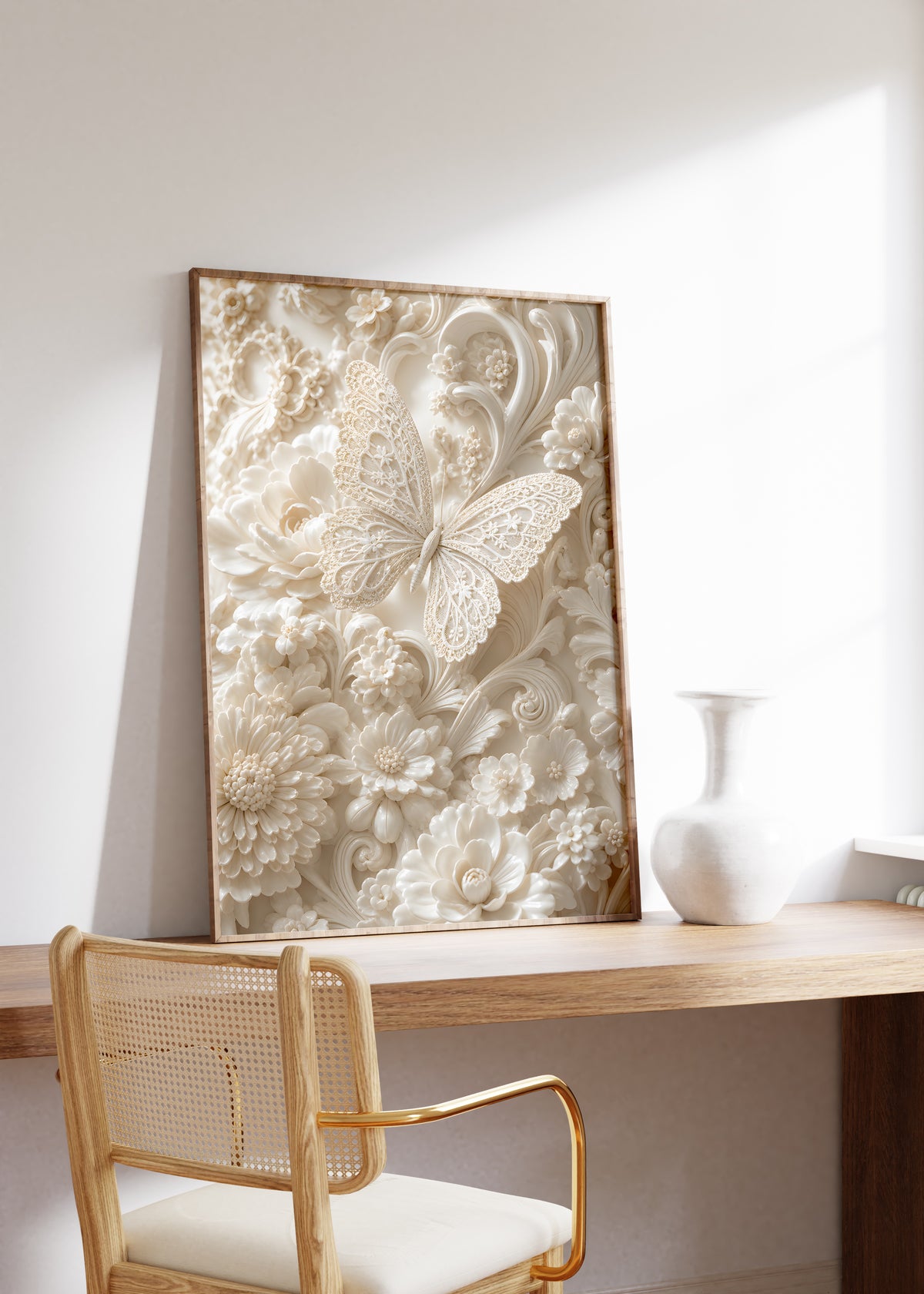 Gerahmtes Poster mit filigranem Schmetterling zwischen cremefarbenen Blüten und geschwungenen Reliefornamenten, als einzelne Wanddekoration in einer Wohnraumansicht.