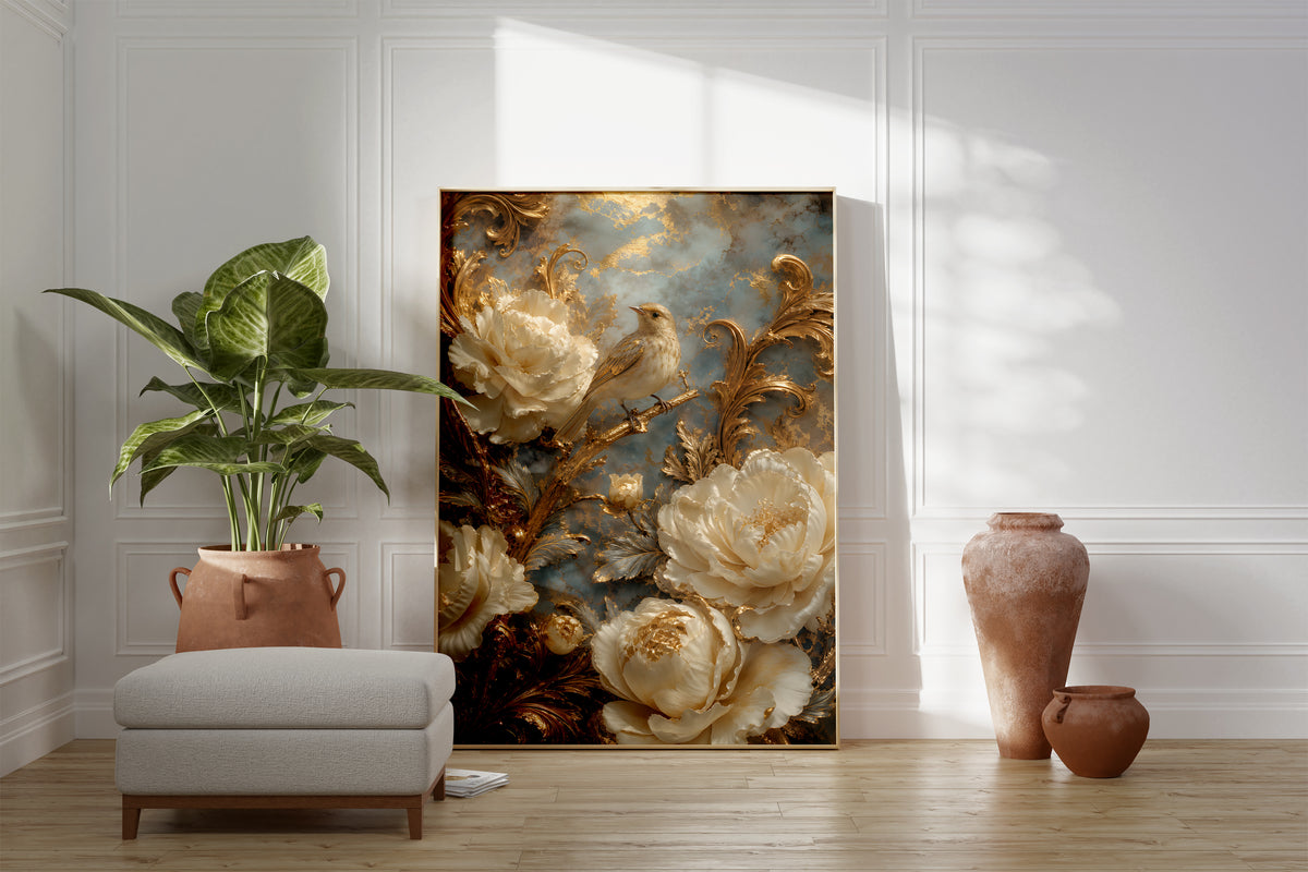 Motiv mit einem cremefarbenen Vogel zwischen weißen Blüten und goldenen Ranken, als gerahmtes Poster neben Sessel und Zimmerpflanze.