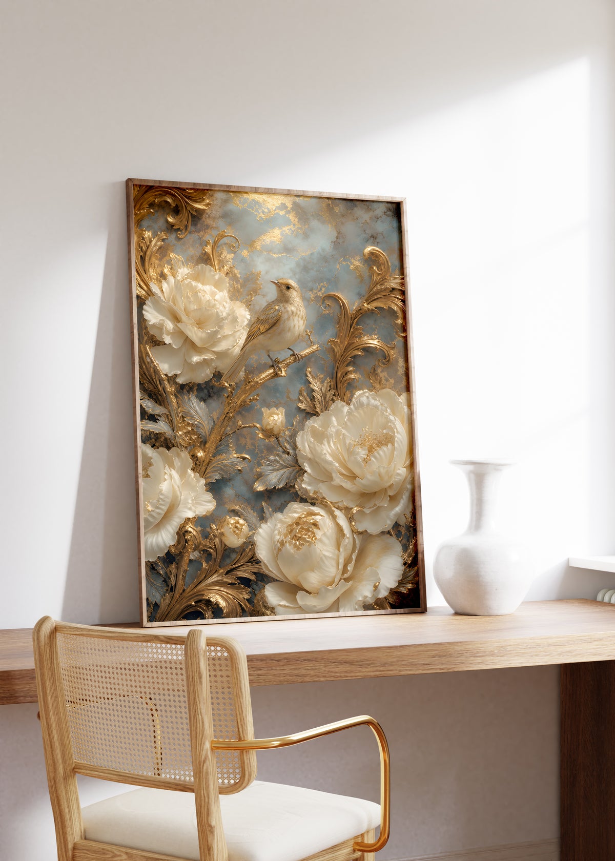 Gerahmtes Poster mit einem cremefarbenen Vogel zwischen weißen Blüten und goldenen Ranken, auf einem Holztisch neben einer weißen Vase.