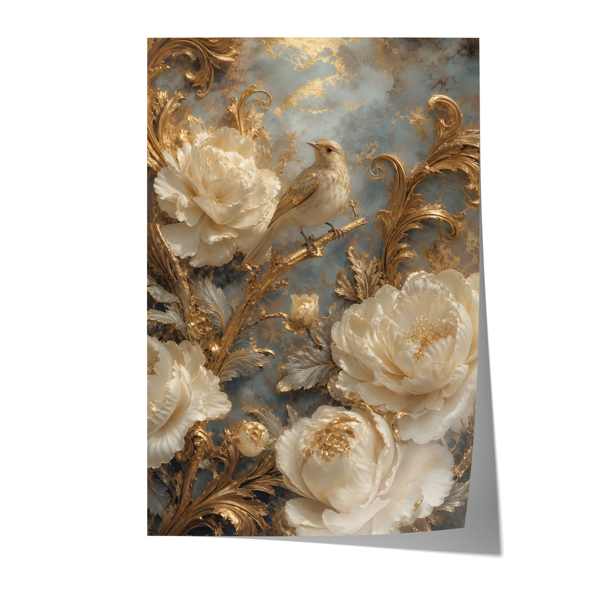 Poster mit einem cremefarbenen Vogel zwischen weißen Blüten und goldenen Ranken auf weißem Hintergrund.