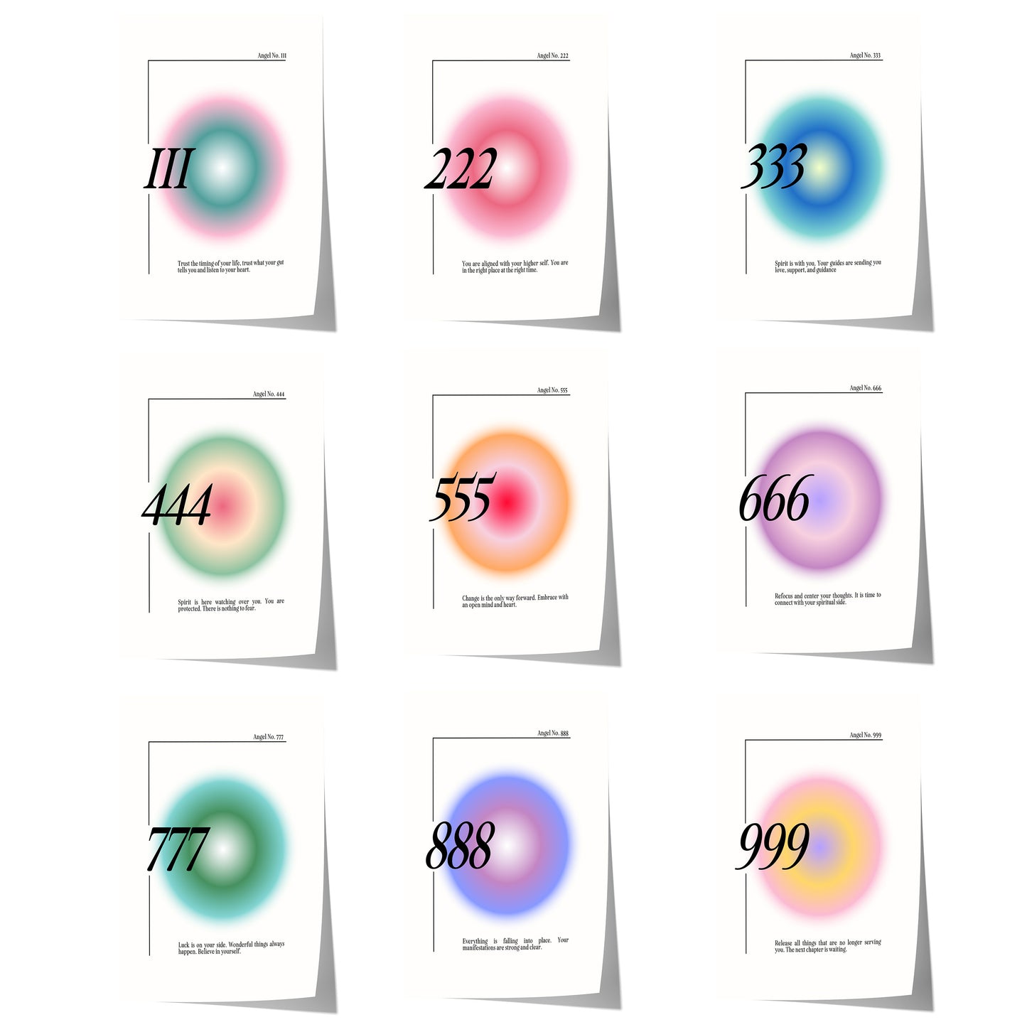 Spirituelle Engelszahlen Poster mit 111, 222, 333 bis 999, farbigen Aura-Verläufen und minimalistischer Typografie für moderne Wanddeko.