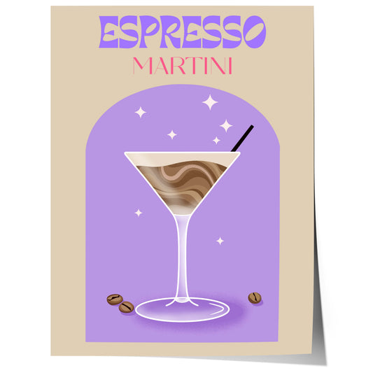 espresso martini cocktail illustration with coffee beans purple background