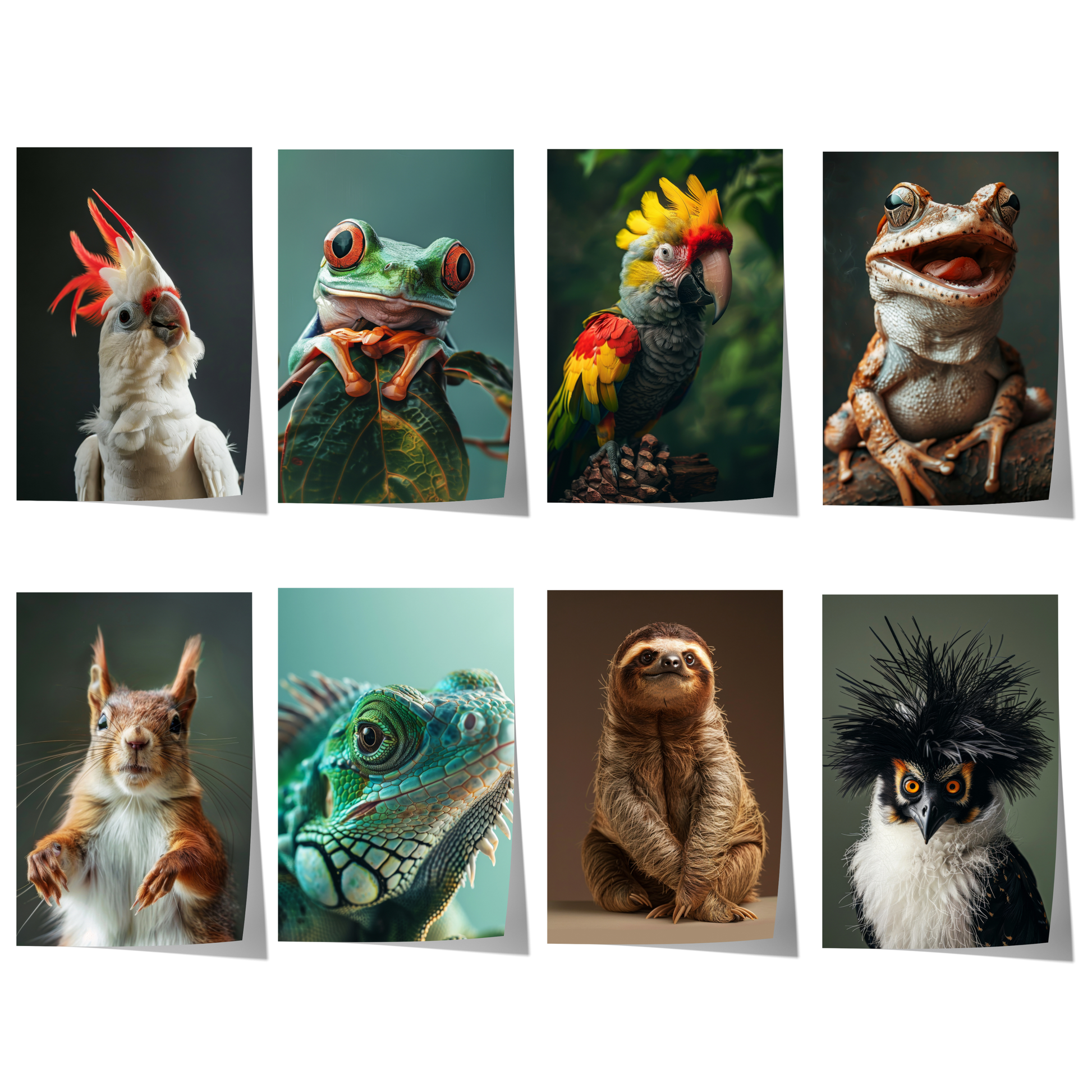 Hochwertiges Poster-Set mit exotischen Tierporträts von Kakadu, Papagei, Frosch, Gecko, Faultier, Eichhörnchen und Eule als moderne Wanddekoration.