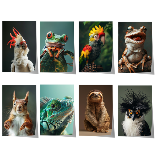 Hochwertiges Poster-Set mit exotischen Tierporträts von Kakadu, Papagei, Frosch, Gecko, Faultier, Eichhörnchen und Eule als moderne Wanddekoration.