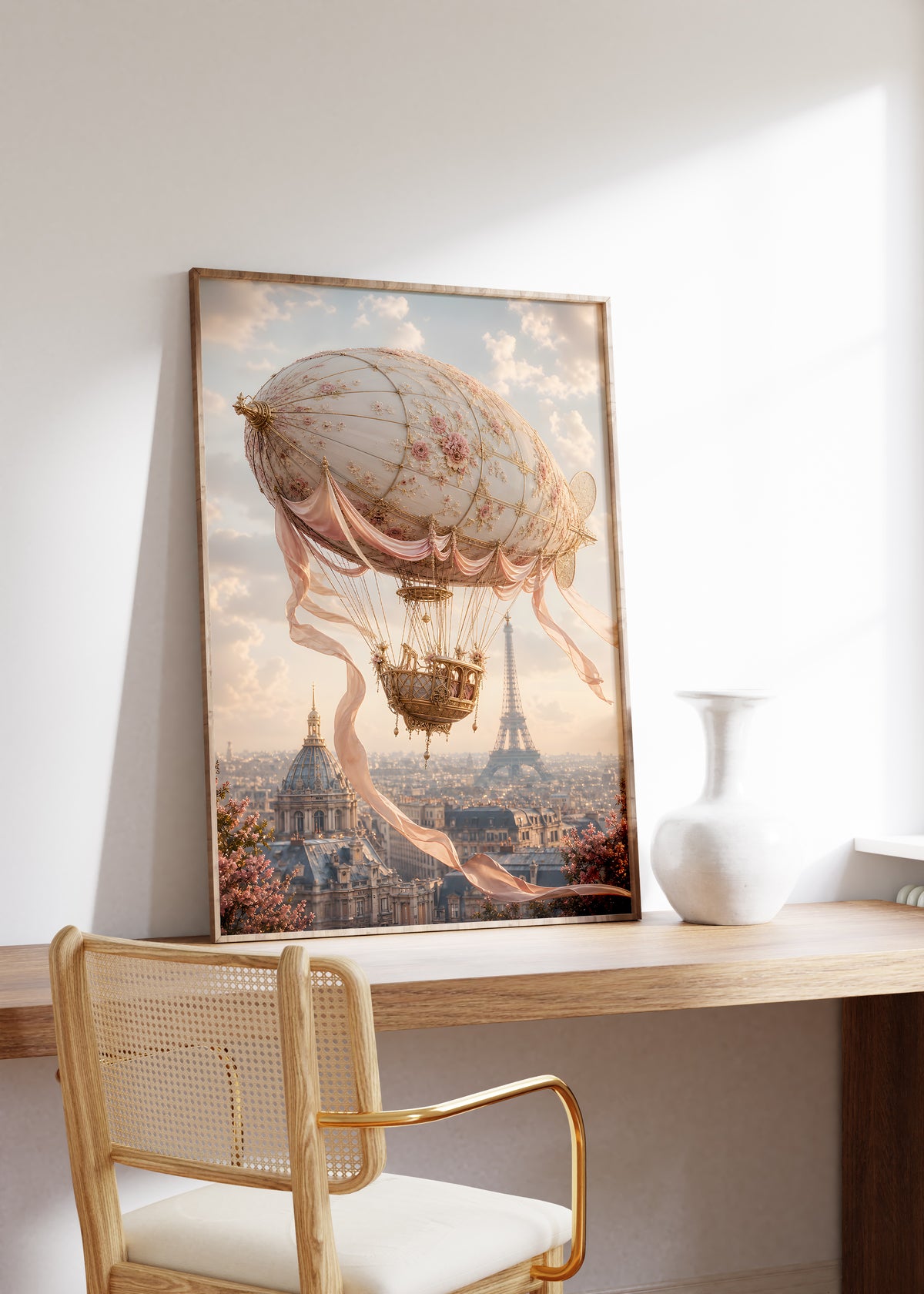 Gerahmtes Poster mit einem cremefarbenen Luftschiff mit Rosenmuster und Satinbändern über Paris, auf einem Holztisch neben einer weißen Vase.