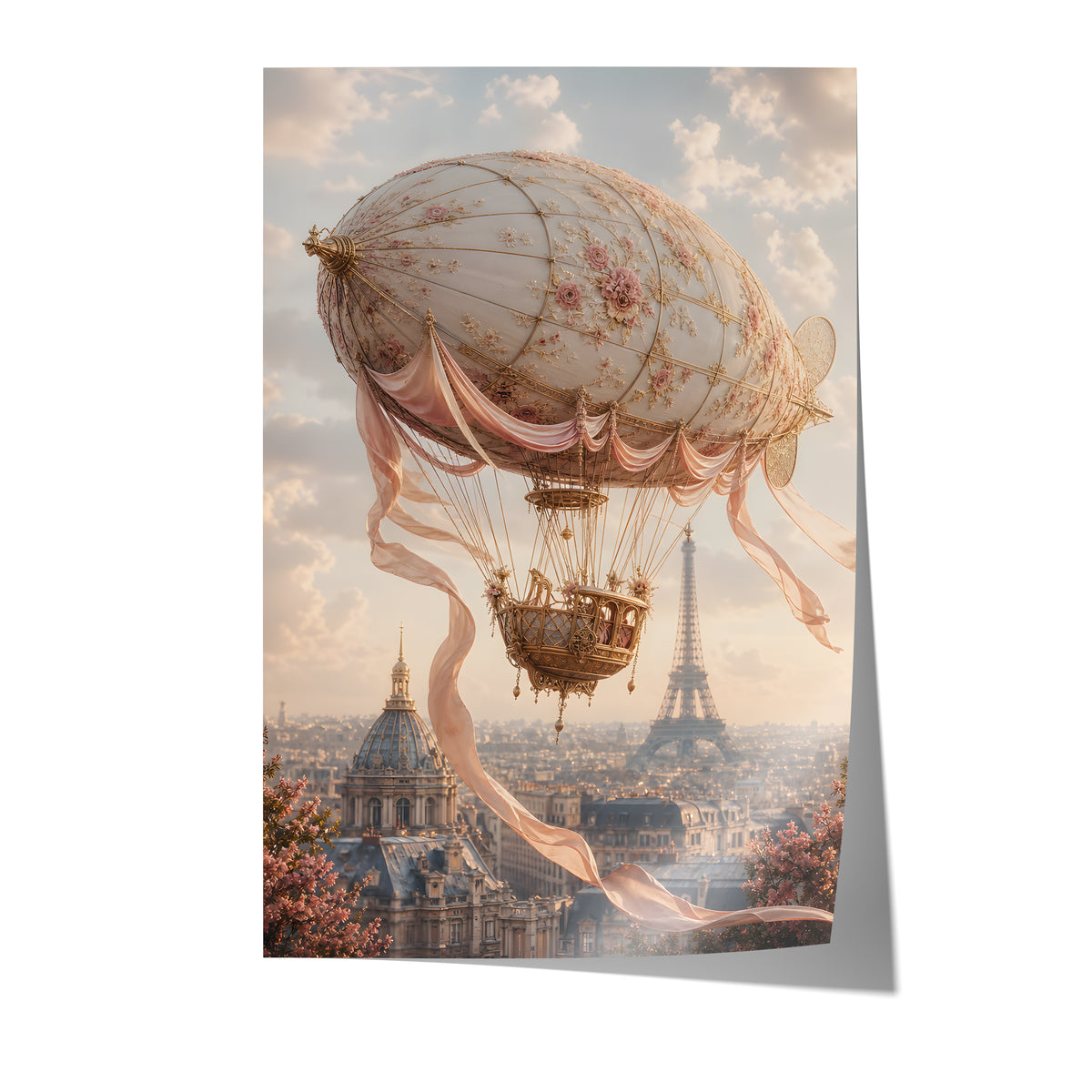 Poster mit einem cremefarbenen Luftschiff mit Rosenmuster und Satinbändern über Paris auf weißem Hintergrund.