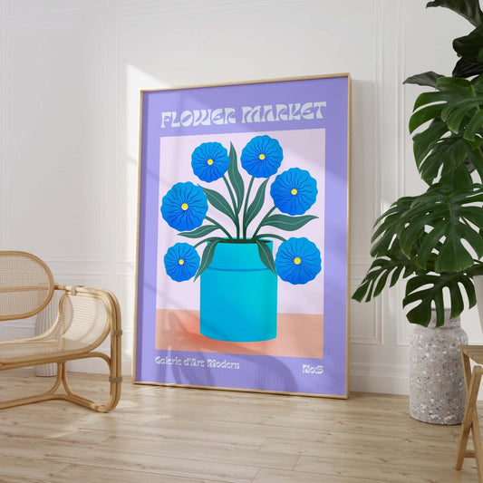 Flower Market Poster · Blaue Retro Blumen Vase · Mid Century Moderne Illustration · Print ohne Rahmen - justgoodmood