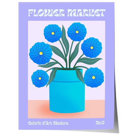 Flower Market Poster · Blaue Retro Blumen Vase · Mid Century Moderne Illustration · Print ohne Rahmen - justgoodmood