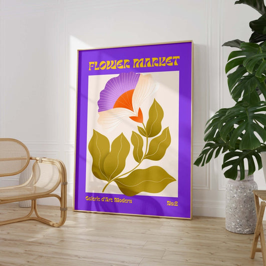 Flower Market Poster · Lila Retro Blume · Mid Century Moderne Illustration · Print ohne Rahmen - justgoodmood