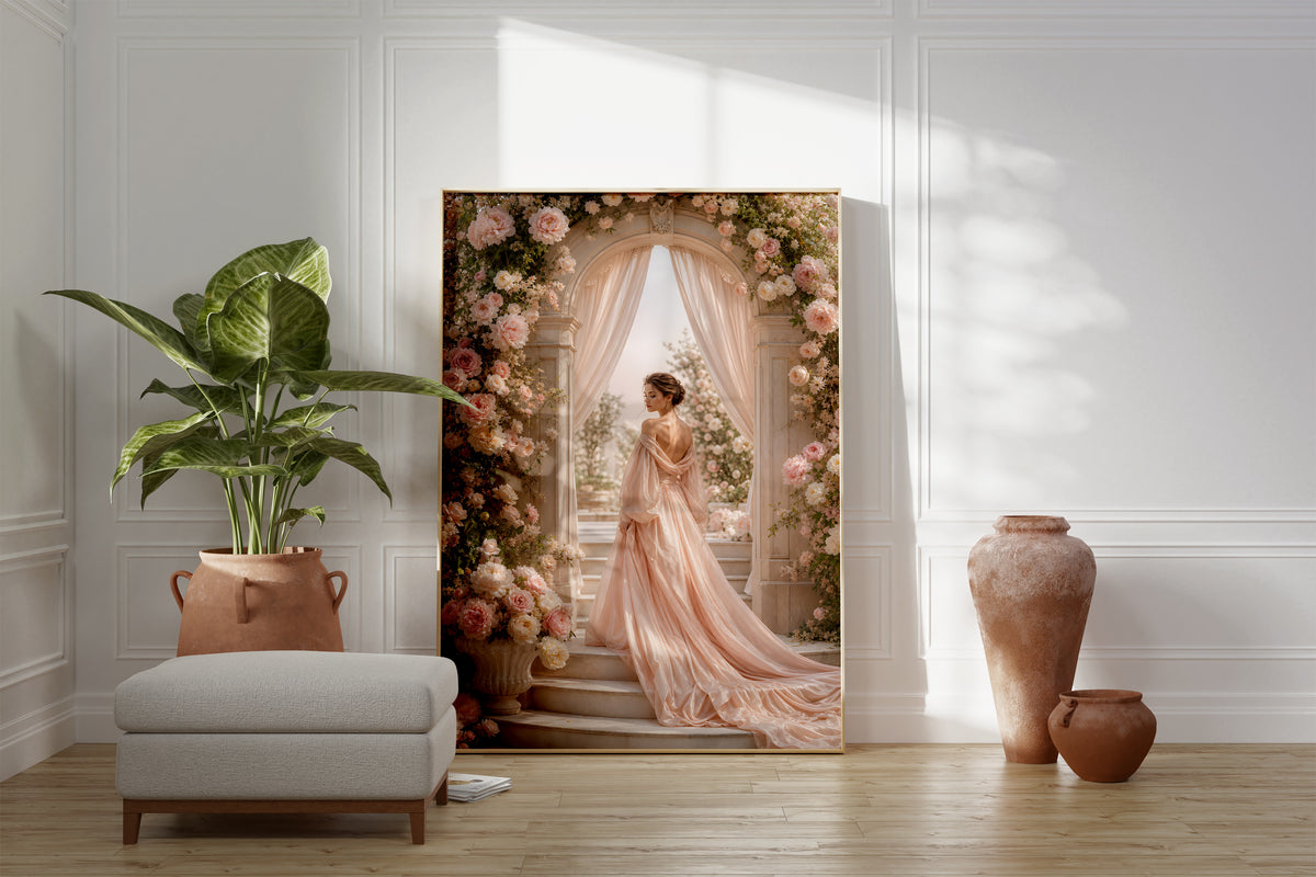 Motiv mit einer Frau im roséfarbenen Abendkleid unter einem üppigen Blütenbogen, als gerahmtes Poster neben Sessel und Zimmerpflanze.