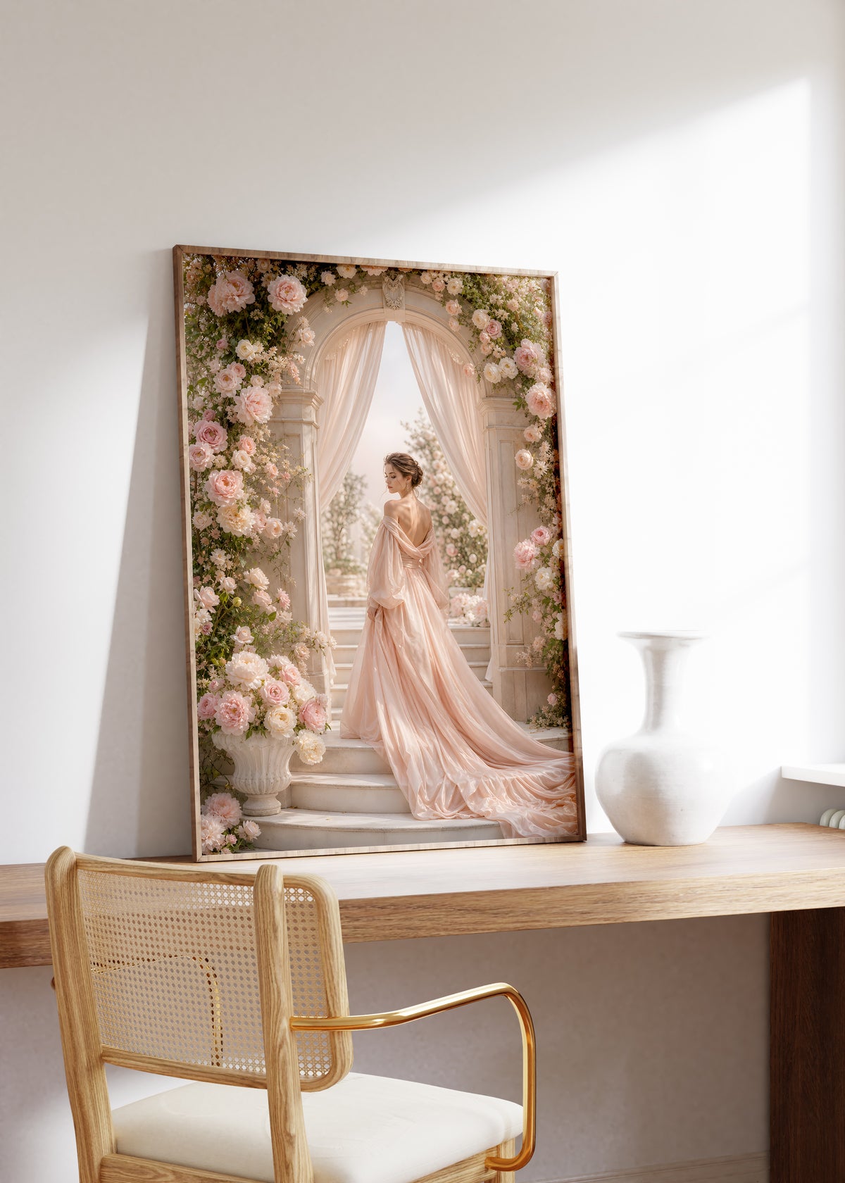 Gerahmtes Poster mit einer Frau im roséfarbenen Abendkleid unter einem üppigen Blütenbogen, auf einem Holztisch neben einer weißen Vase.