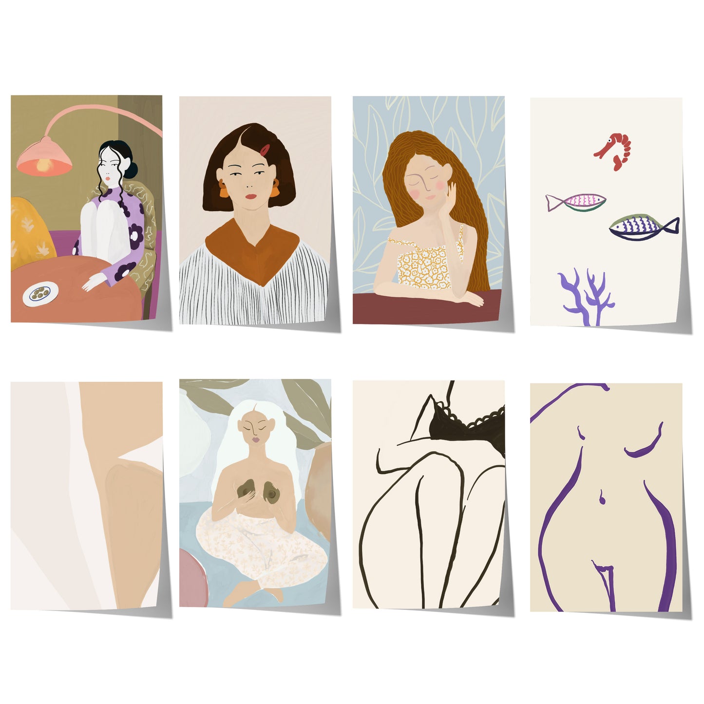 Moderne Frauenillustrationen, feminine Porträts, abstrakte Körperkunst und maritime Motive mit Fischen und Korallen in sanften Farben.