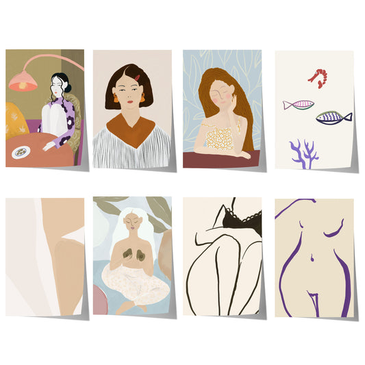 Moderne Frauenillustrationen, feminine Porträts, abstrakte Körperkunst und maritime Motive mit Fischen und Korallen in sanften Farben.
