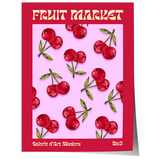 retro cherry fruit pattern illustration with red cherries and green leaves on soft background