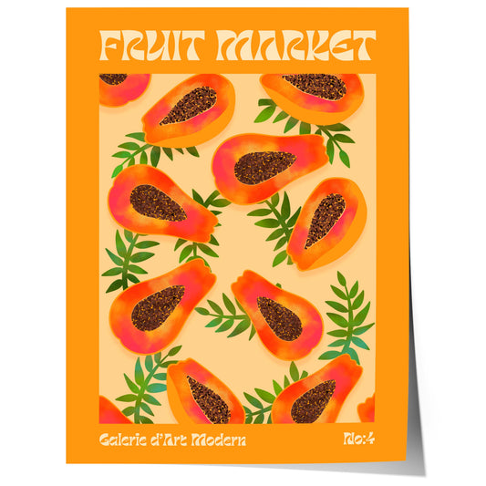 retro papaya fruit pattern illustration with tropical leaves in modern pop art style