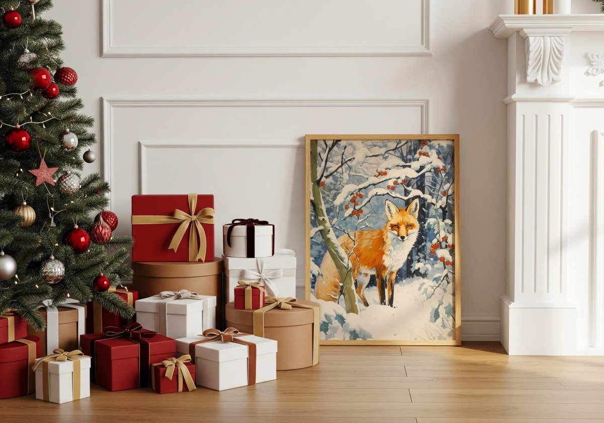 Fuchs im Winterwald Poster · Niedliches Tierbild im Schnee · Geschenkidee · Skandinavische Weihnachtsdeko · Dekoprint ohne Rahmen - justgoodmood