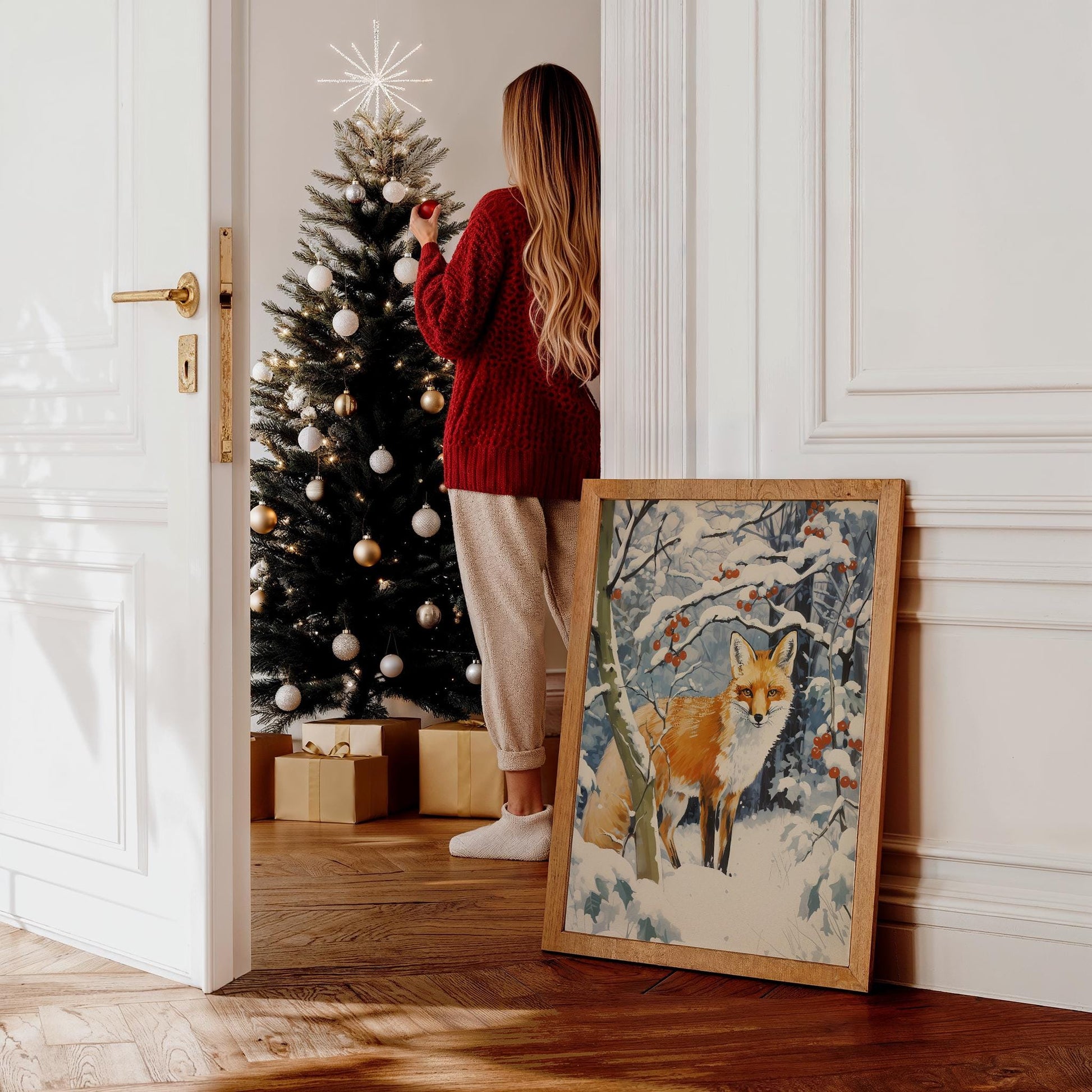 Fuchs im Winterwald Poster · Niedliches Tierbild im Schnee · Geschenkidee · Skandinavische Weihnachtsdeko · Dekoprint ohne Rahmen - justgoodmood