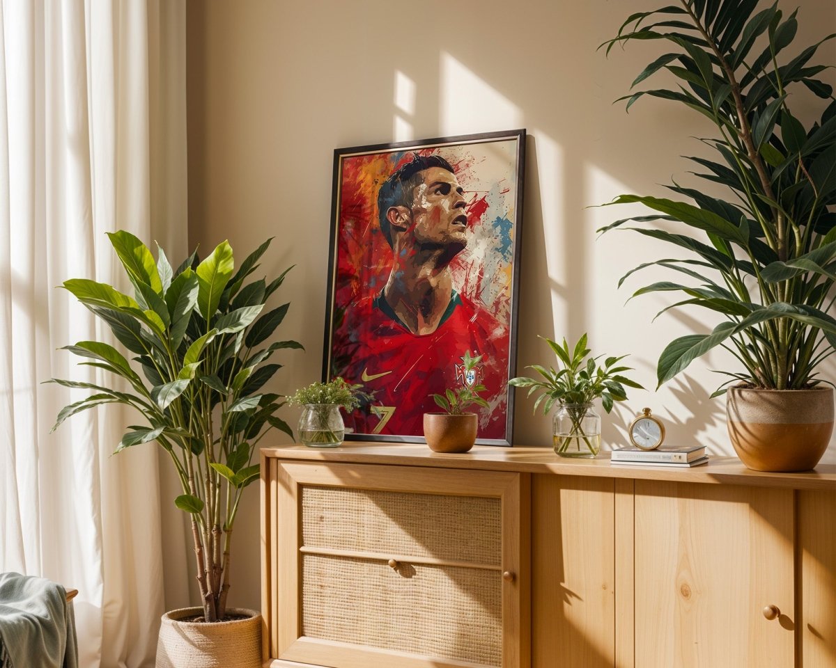 Fußball Legende Ronaldo Portugal · Dynamisches Kunstposter im Splash Art Stil · Wanddeko für Fans · Druck ohne Rahmen - justgoodmood