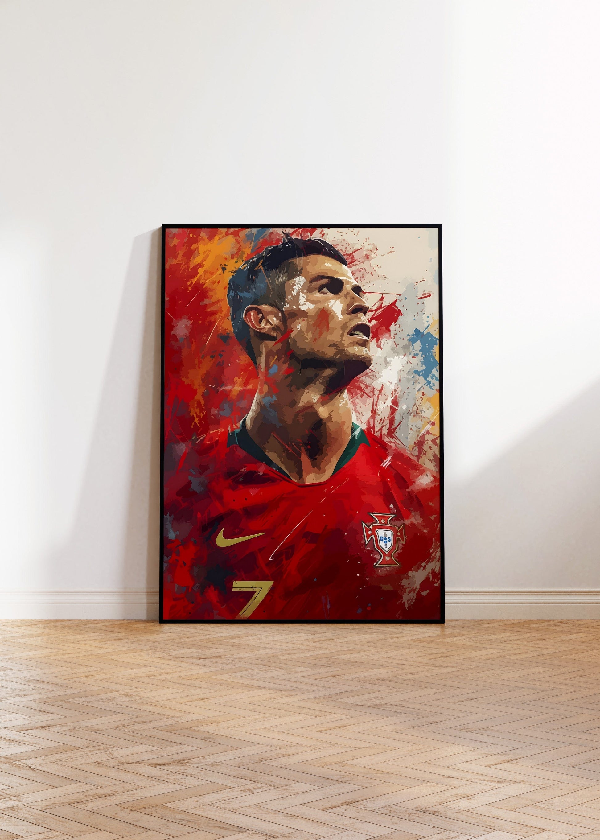 Fußball Legende Ronaldo Portugal · Dynamisches Kunstposter im Splash Art Stil · Wanddeko für Fans · Druck ohne Rahmen - justgoodmood