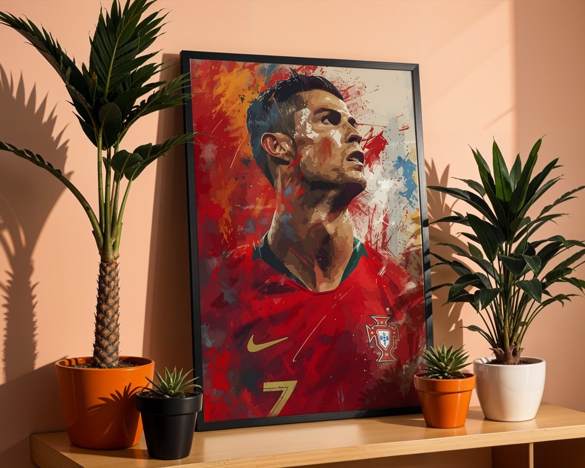 Fußball Legende Ronaldo Portugal · Dynamisches Kunstposter im Splash Art Stil · Wanddeko für Fans · Druck ohne Rahmen - justgoodmood