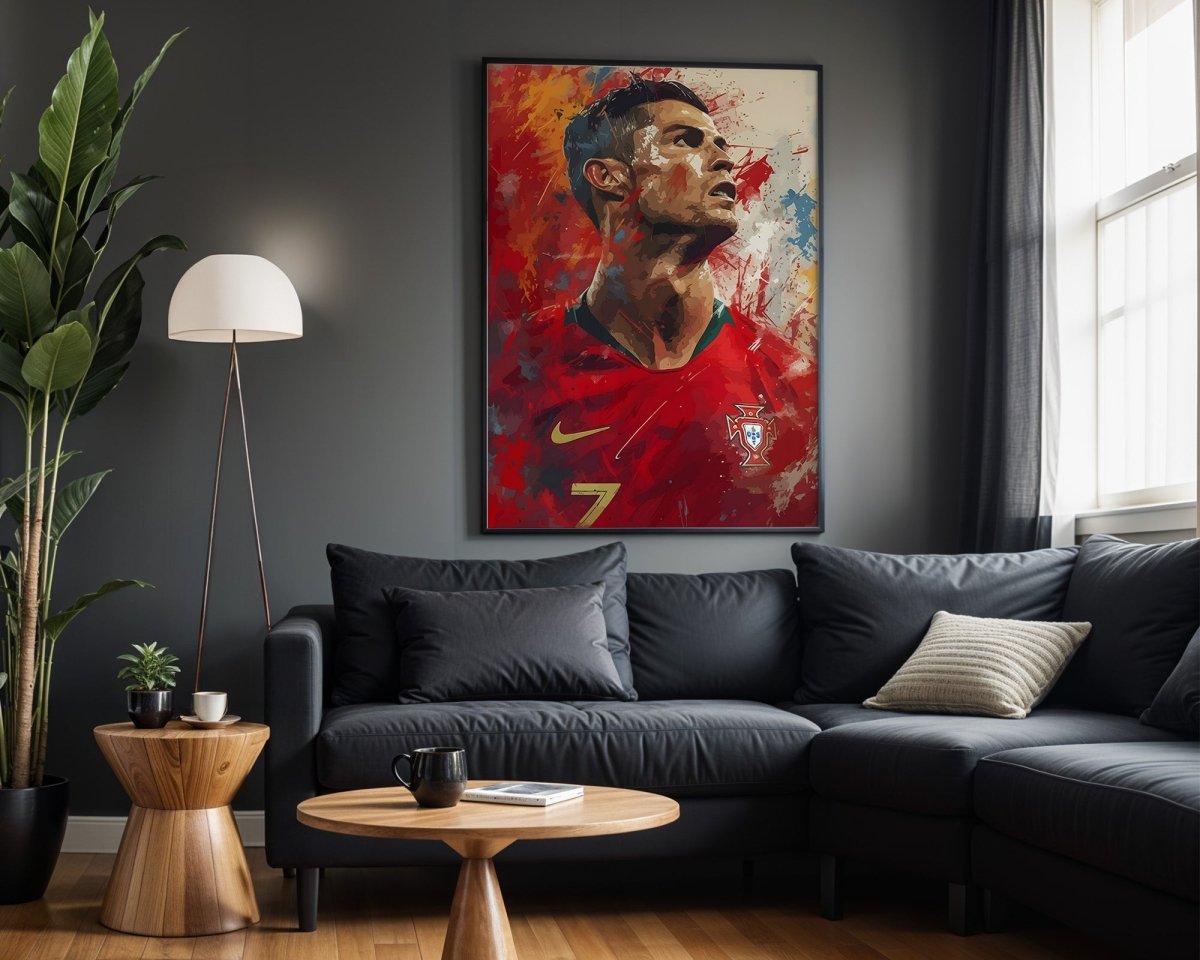 Fußball Legende Ronaldo Portugal · Dynamisches Kunstposter im Splash Art Stil · Wanddeko für Fans · Druck ohne Rahmen - justgoodmood