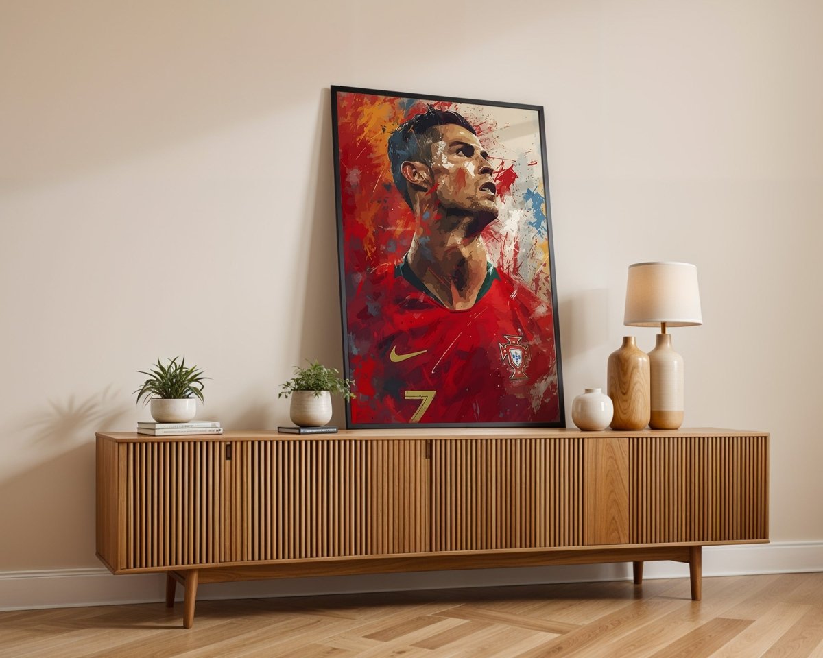 Fußball Legende Ronaldo Portugal · Dynamisches Kunstposter im Splash Art Stil · Wanddeko für Fans · Druck ohne Rahmen - justgoodmood