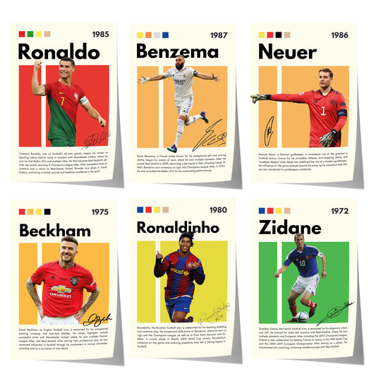 retro fußball poster mit ronaldo benzema neuer beckham ronaldinho und zidane