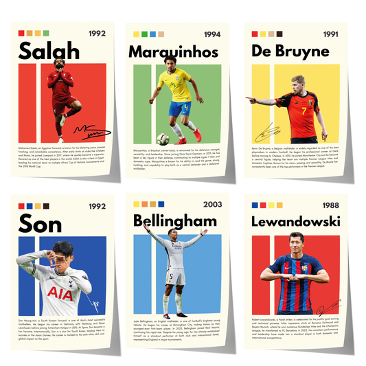 retro fußball poster mit salah marquinhos de bruyne son bellingham und lewandowski