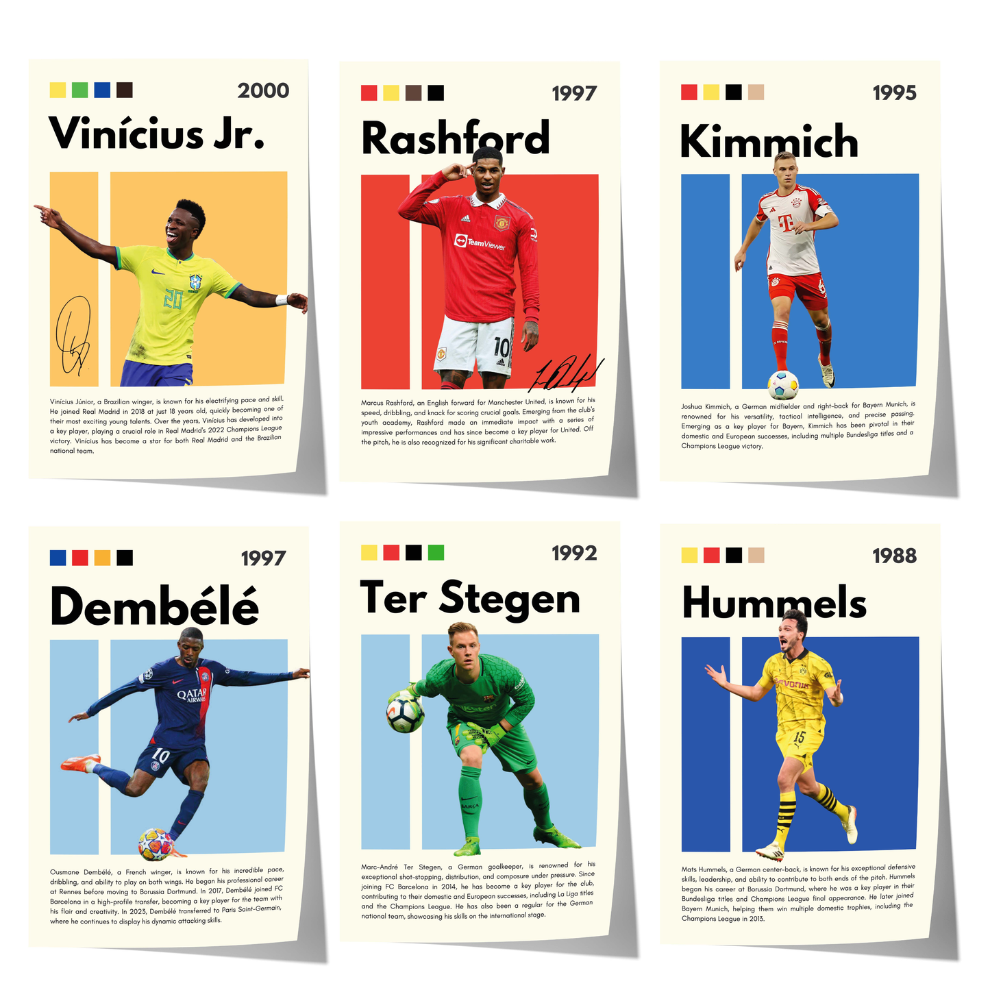 modernes fußball poster mit vinicius jr rashford kimmich dembele ter stegen und hummels
