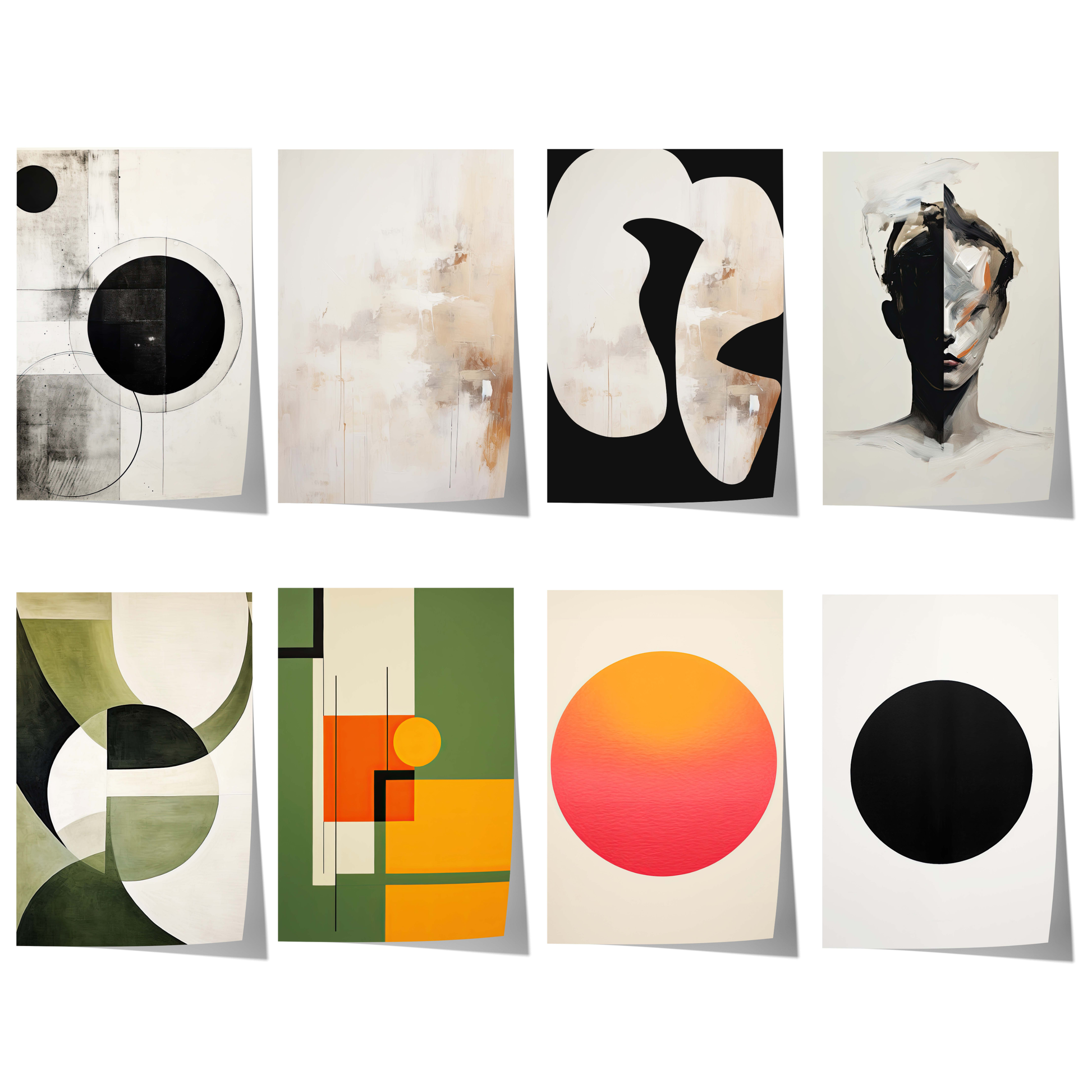 Moderne abstrakte Poster mit geometrischen Formen, minimalistischen Kompositionen, Schwarz-Beige-Farben und zeitgenössischer Wandkunst.