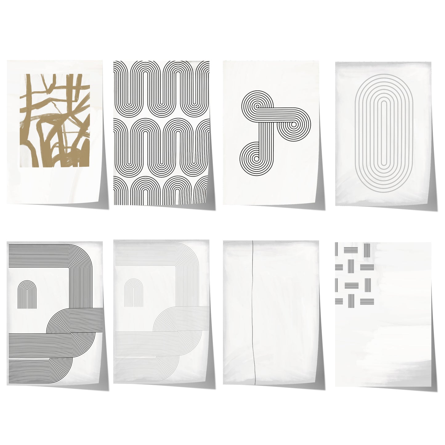 Abstrakte geometrische Linienkunst mit geschwungenen Bögen und wiederholten Linienmustern in Schwarz, Beige und Grau auf hellem Hintergrund.
