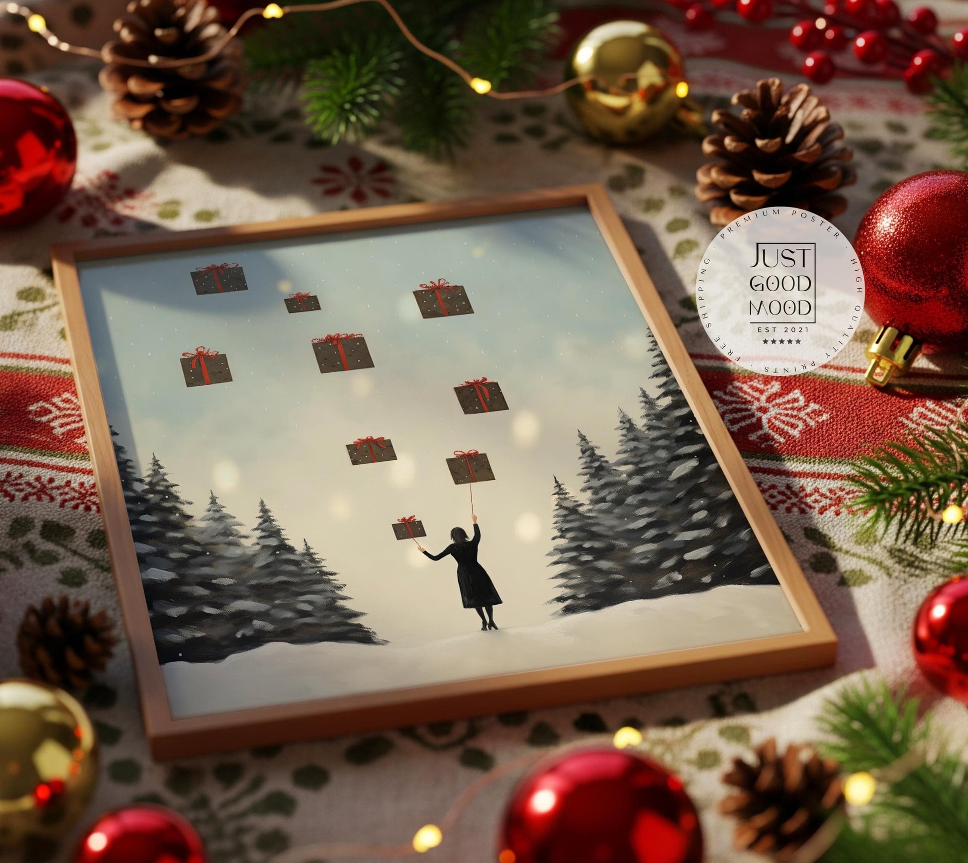 Geschenke Poster · Magische Weihnachts Deko · Geschenkidee · Traumhafte Schnee Szene · Dekoprint ohne Rahmen - justgoodmood