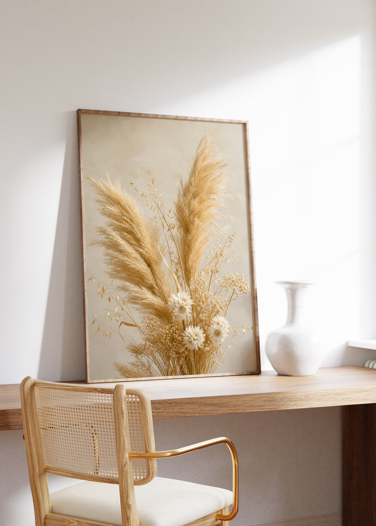 Gerahmtes Poster mit einem goldenen Strauß aus Pampasgras und kleinen hellen Trockenblumen, auf einem Holztisch neben einer weißen Vase.