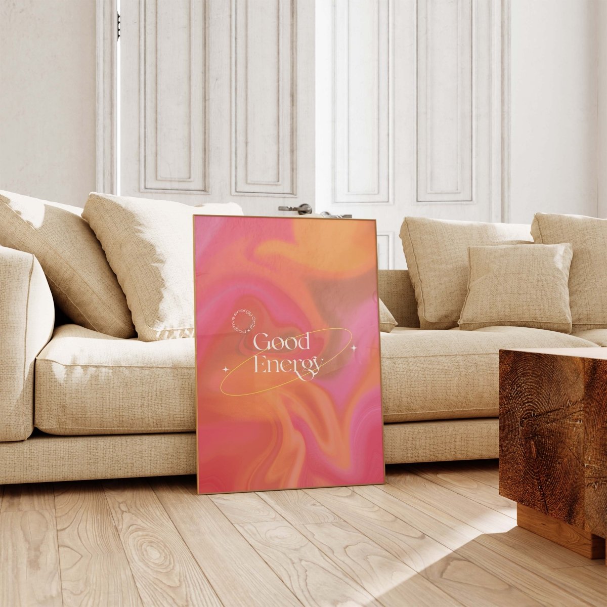 Good Energy Quote Poster · Abstrakter Farbverlauf Hintergrund · Positive Affirmation Typografie · Print ohne Rahmen - justgoodmood