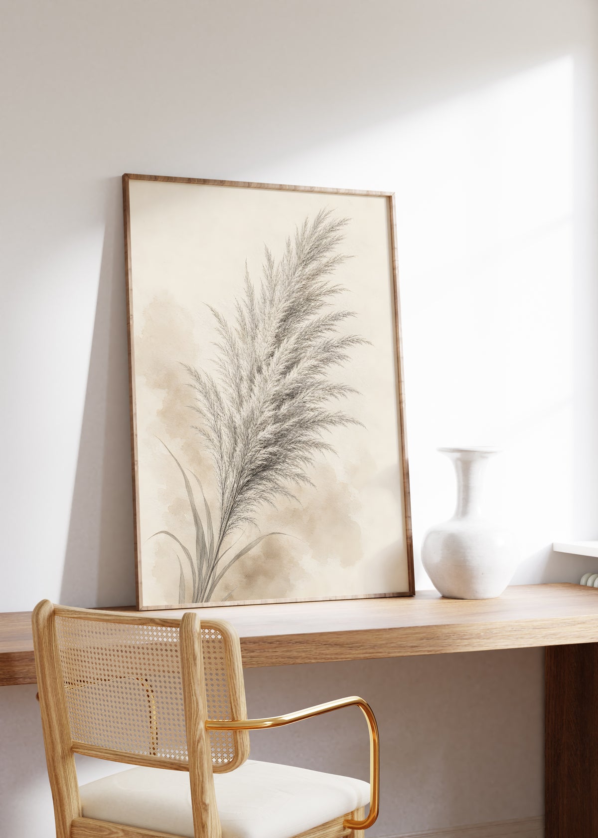 Gerahmtes Poster mit einem grauen Pampaswedel mit zarten beigen Aquarellflächen, auf einem Holztisch neben einer weißen Vase.