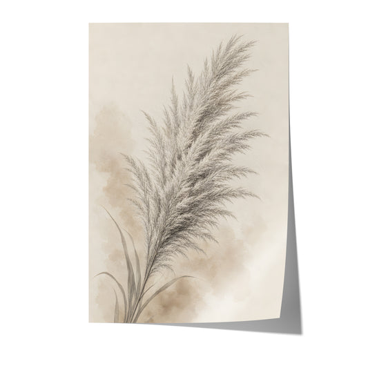 Poster mit einem grauen Pampaswedel mit zarten beigen Aquarellflächen auf weißem Hintergrund.