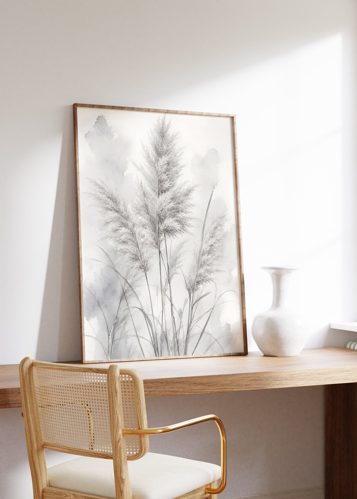 Gerahmtes Poster mit grauen Pampaswedeln mit Blättern und weichen Aquarellflächen, auf einem Holztisch neben einer weißen Vase.