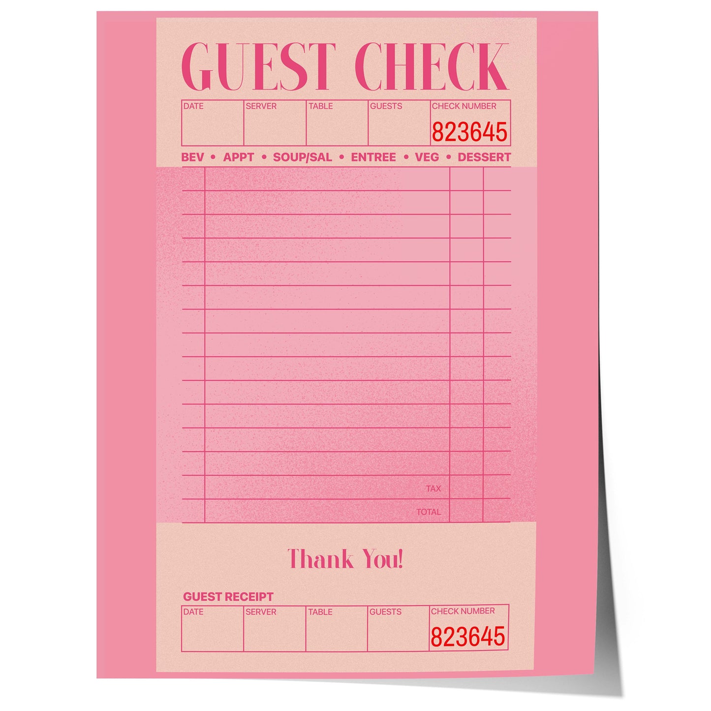 pink vintage guest check receipt design with minimal typography and soft aesthetic layout