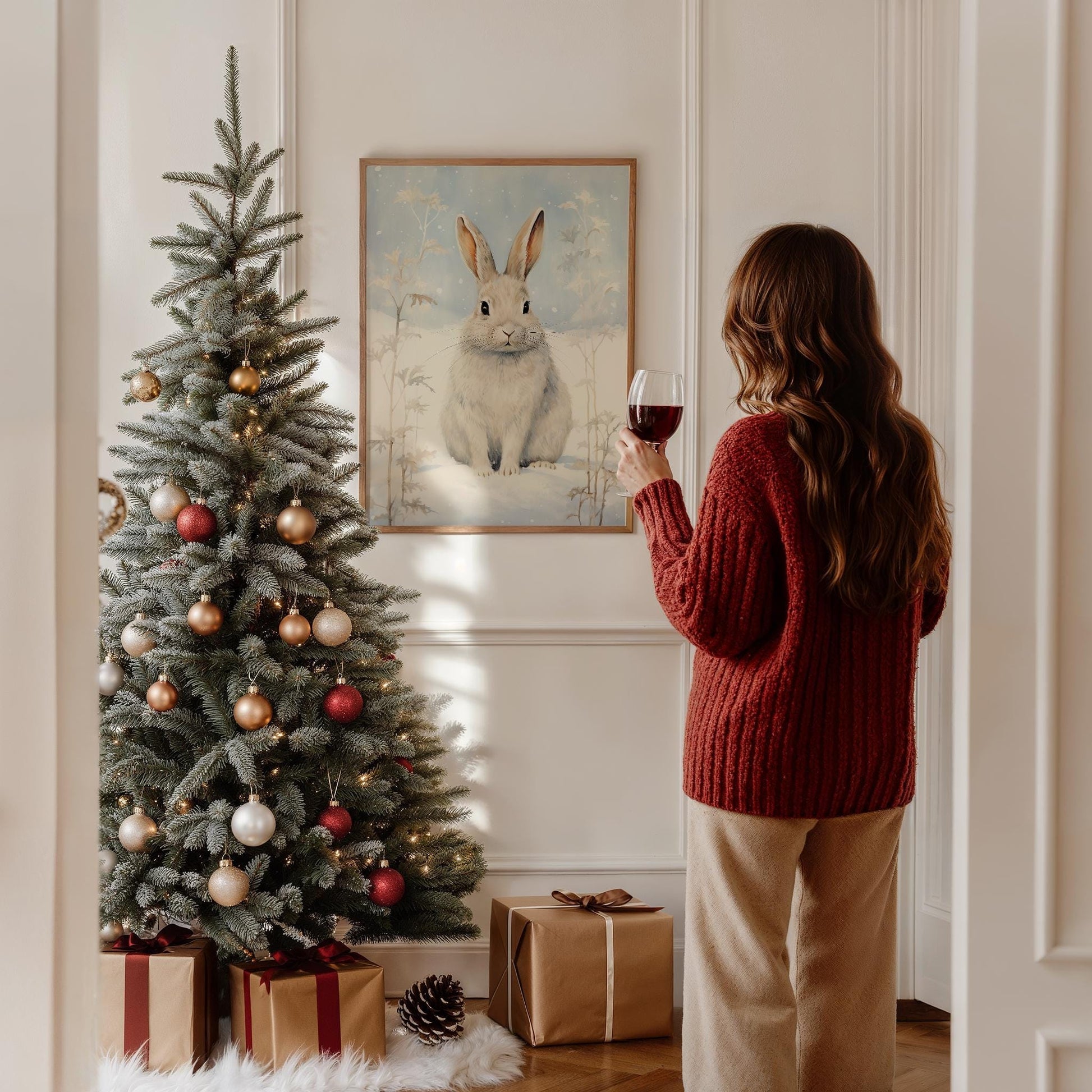 Hase Winter Poster · Niedliches Tierbild im Schnee · Geschenkidee · Skandinavische Weihnachtsdeko · Dekoprint ohne Rahmen - justgoodmood