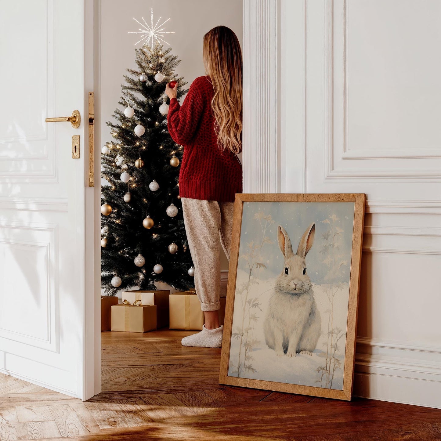 Hase Winter Poster · Niedliches Tierbild im Schnee · Geschenkidee · Skandinavische Weihnachtsdeko · Dekoprint ohne Rahmen - justgoodmood